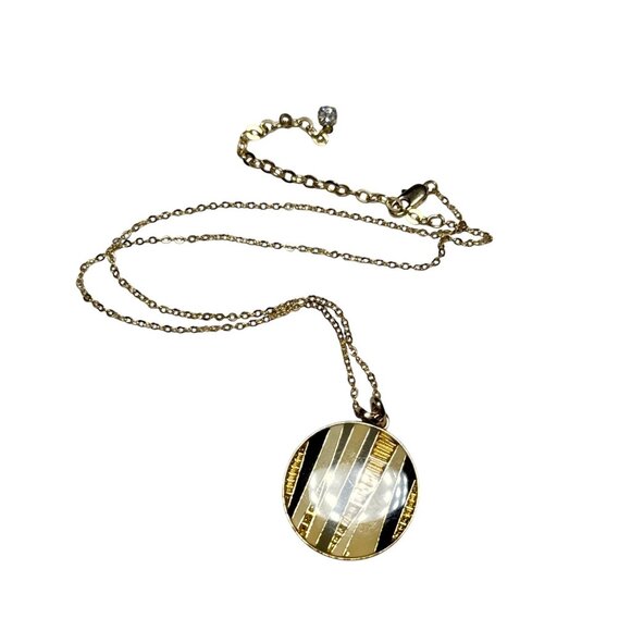 Gold Round Pendant Necklace with Geometric Striped Inlay Design for Women - Picture 2 of 7